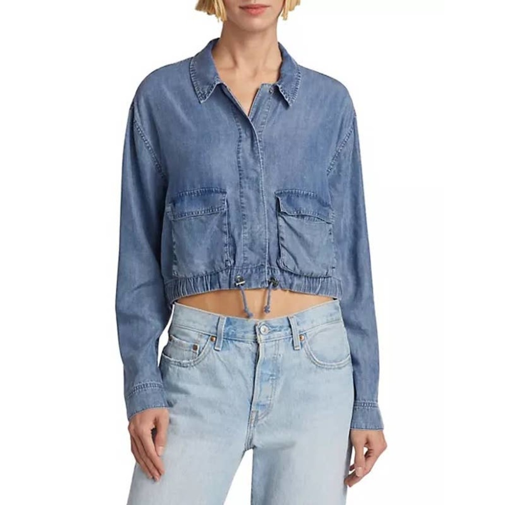 Splendid Long Sleeve Collared Breck Cropped Chambray Jacket Blue Women's Medium